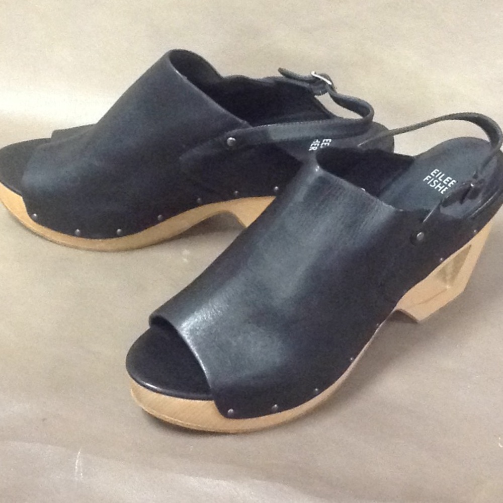 Eileen Fisher black leather open toe clog sandals